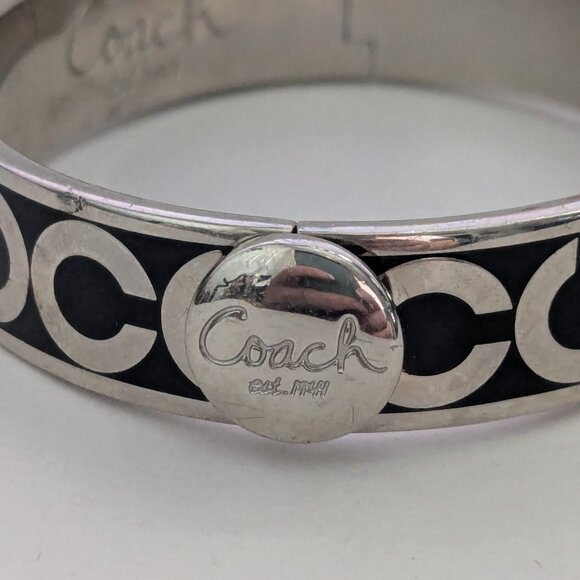 COACH Black Silver Monogram Oval Hinged Bangle Bracelet - Picture 4 of 6